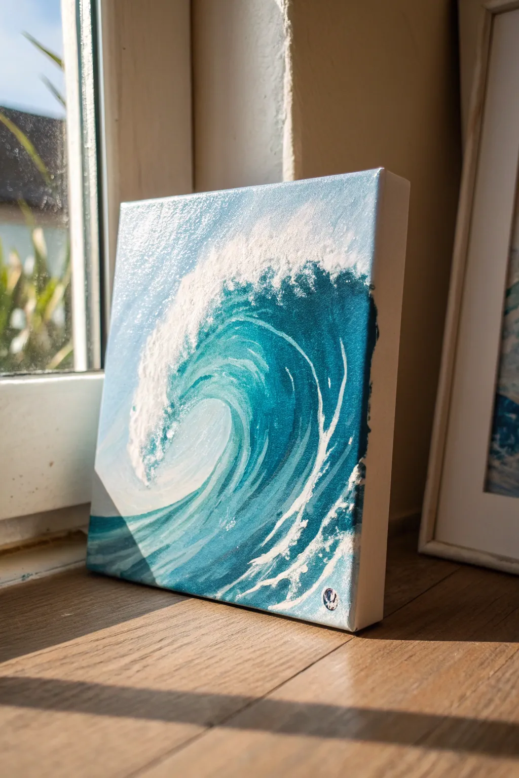 Simple acrylic ocean wave study with bold blue-green gradient and dramatic white highlights