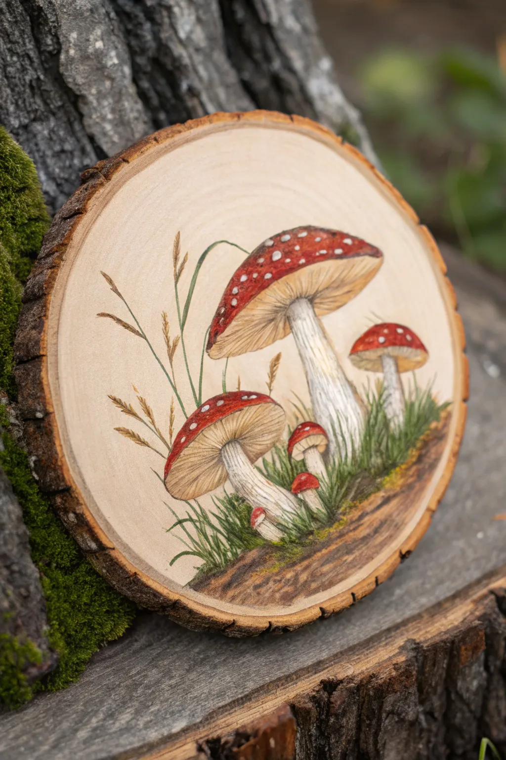 Mushroom cottagecore acrylic painting on a wood round with rustic bark edge and bold contrast