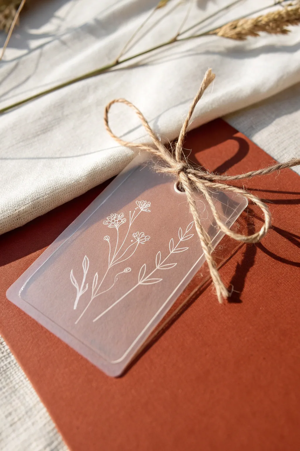 Minimal acrylic place card with twine tie, perfect for chic Scandinavian-boho table styling.