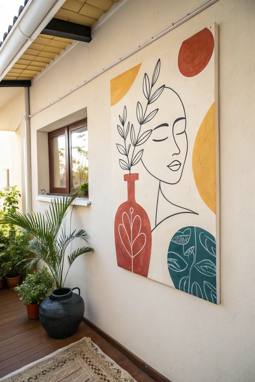 Minimal line face over bold acrylic shapes, a Scandinavian-boho statement with airy space.