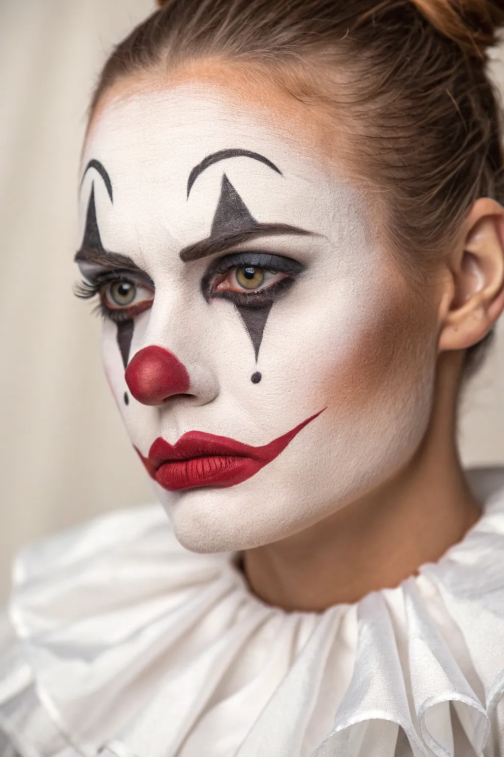 Creepy clown glam with sharp triangles and a single glossy tear for dramatic minimalist edge.