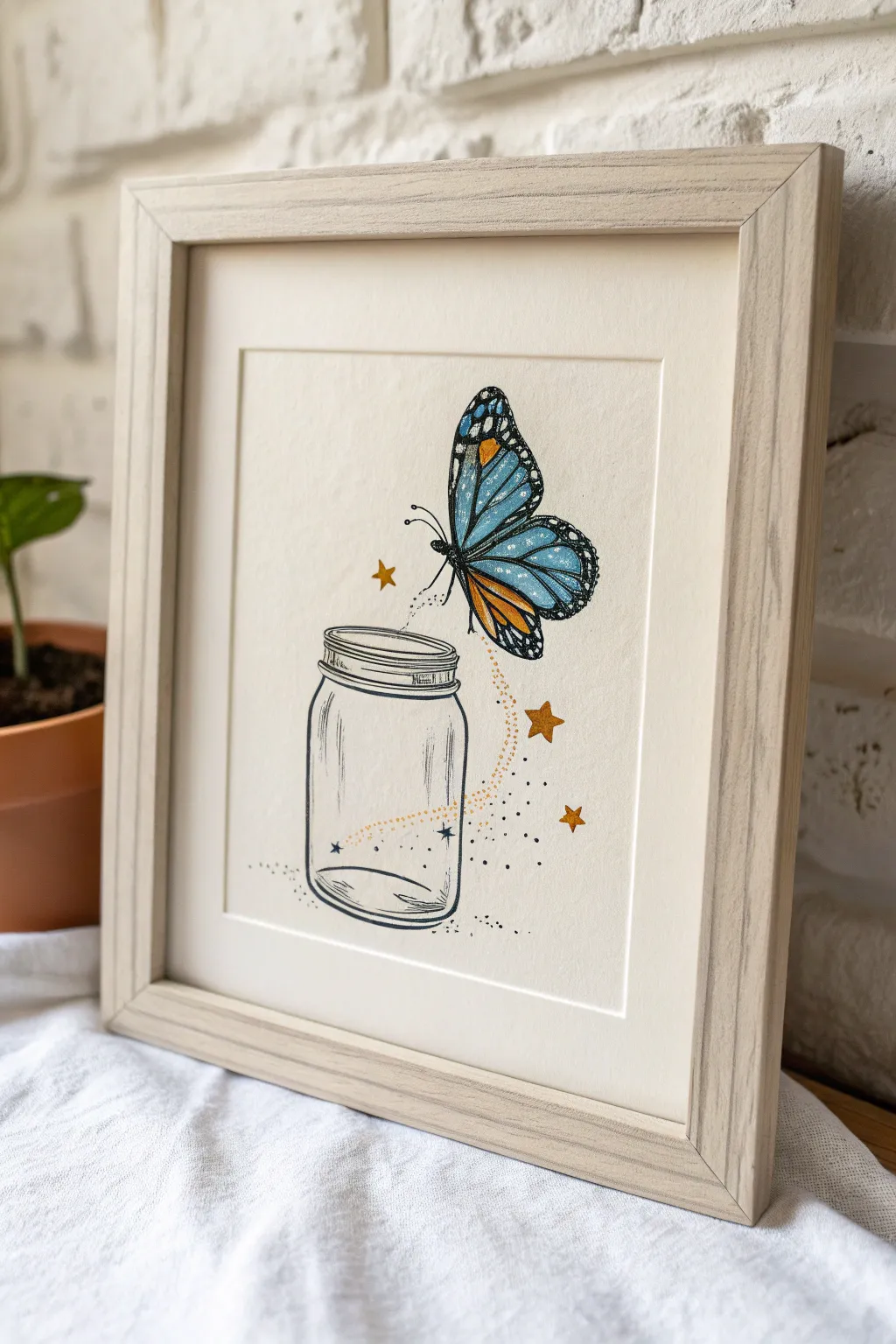 Minimalist jar sketch with a bold butterfly lifting free, leaving soft sparkles behind.