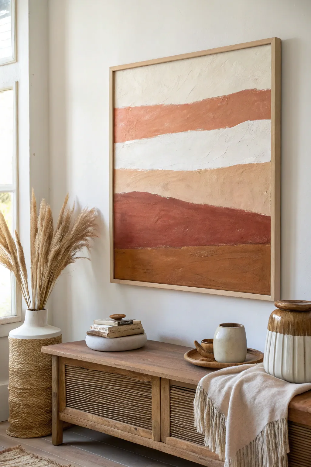 Warm neutral landscape blocks that instantly soften a room with modern Scandinavian calm.