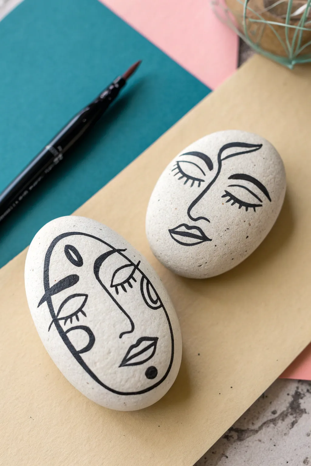 Modern abstract line art faces on painted rocks, minimal yet bold for a chic boho desk vibe.