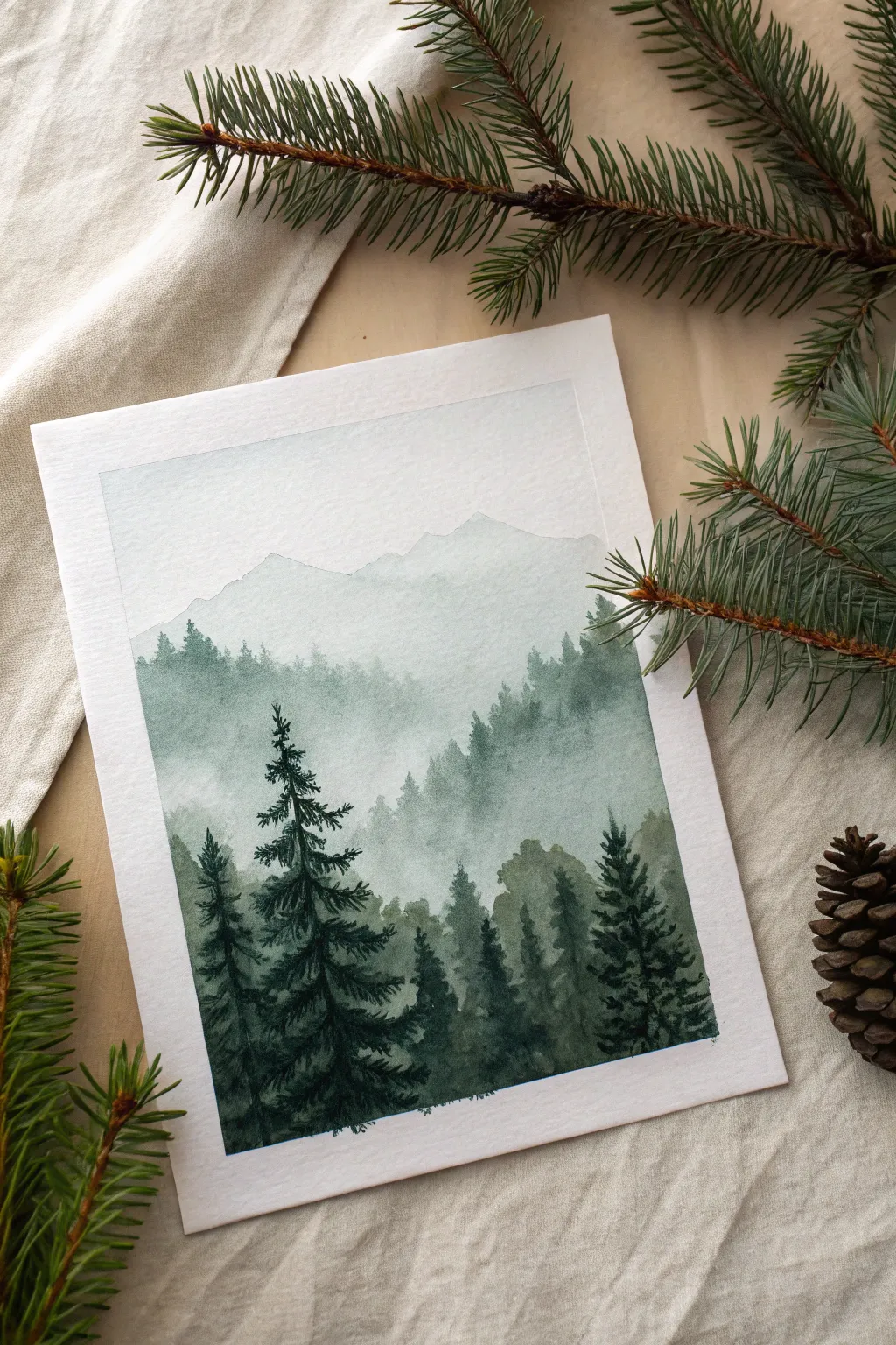 Misty forest layers in wet-on-wet watercolor, soft blooms and crisp contrast on white paper