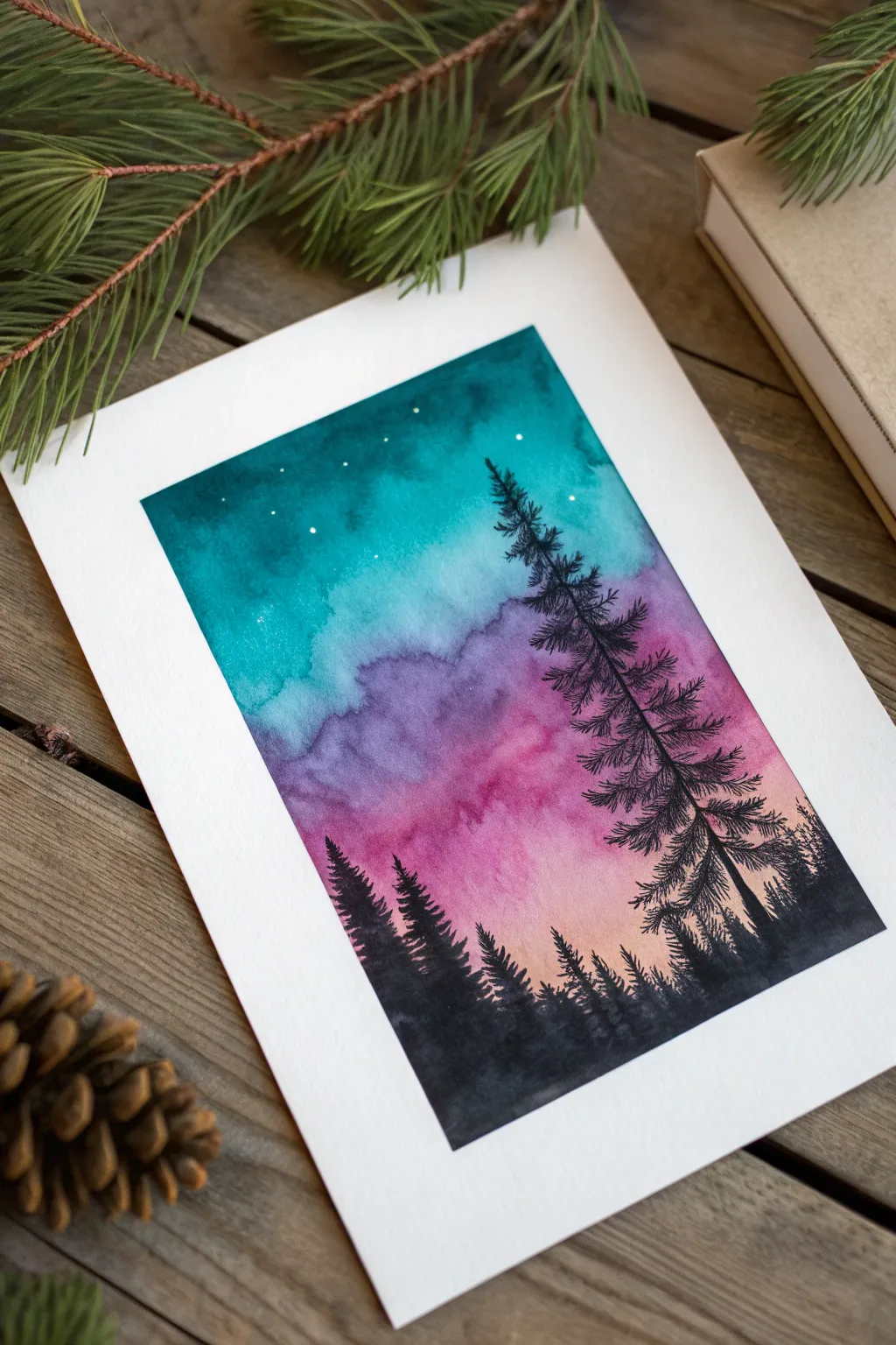 Moody silhouette forest over a vibrant alcohol ink wash for minimalist, boho-inspired art.