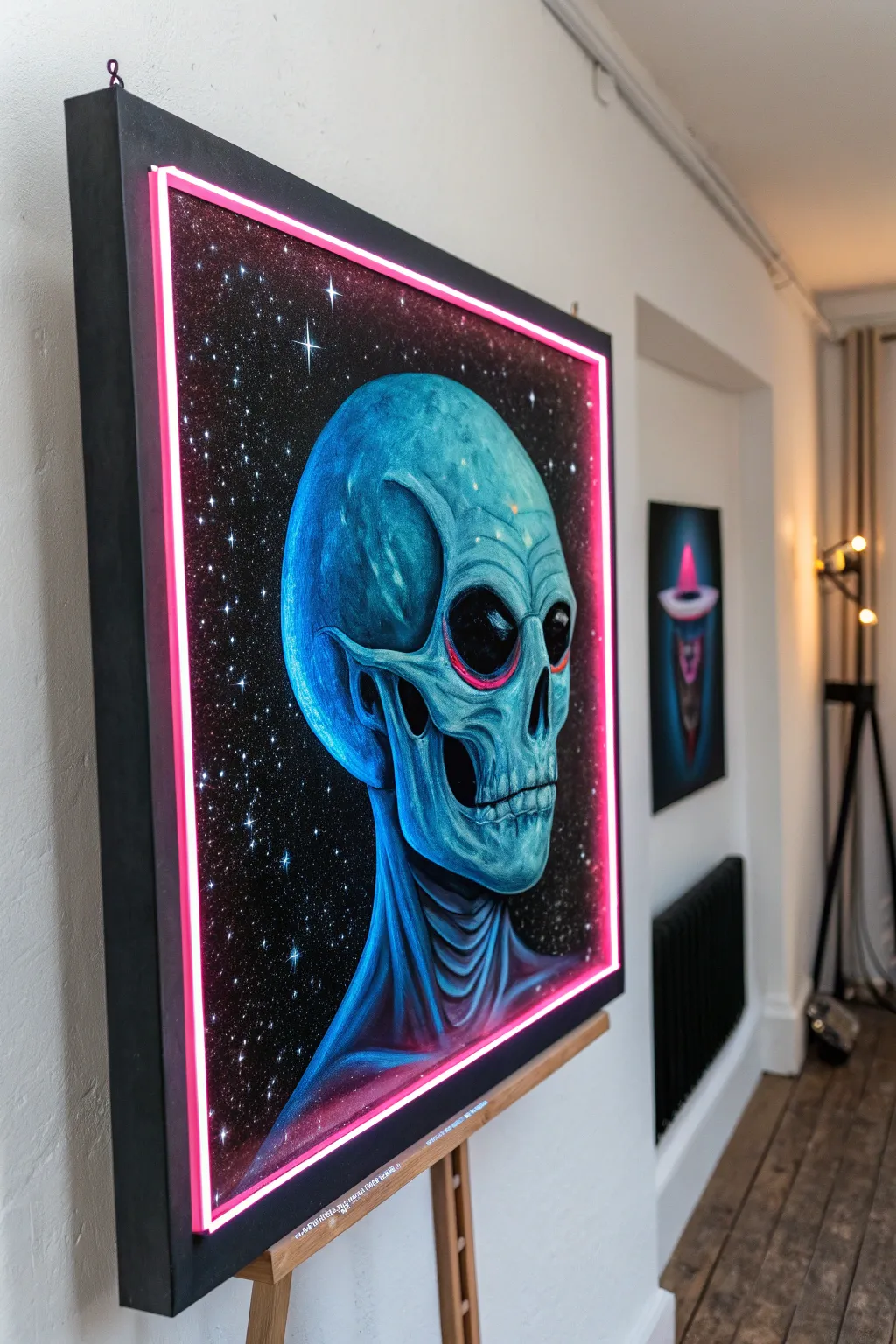 Neon rim-lit alien profile in electric blue and hot pink for a bold minimalist art vibe.