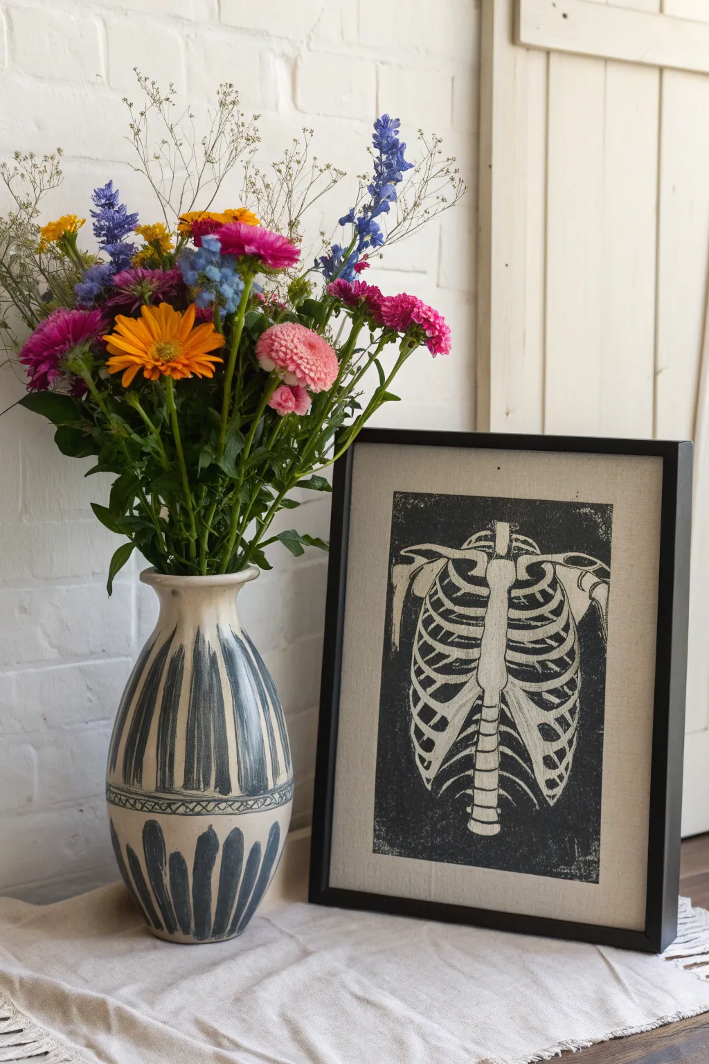 Alt still life idea: ribcage vase painting with candy-bright blooms for sweet-meets-dark contrast