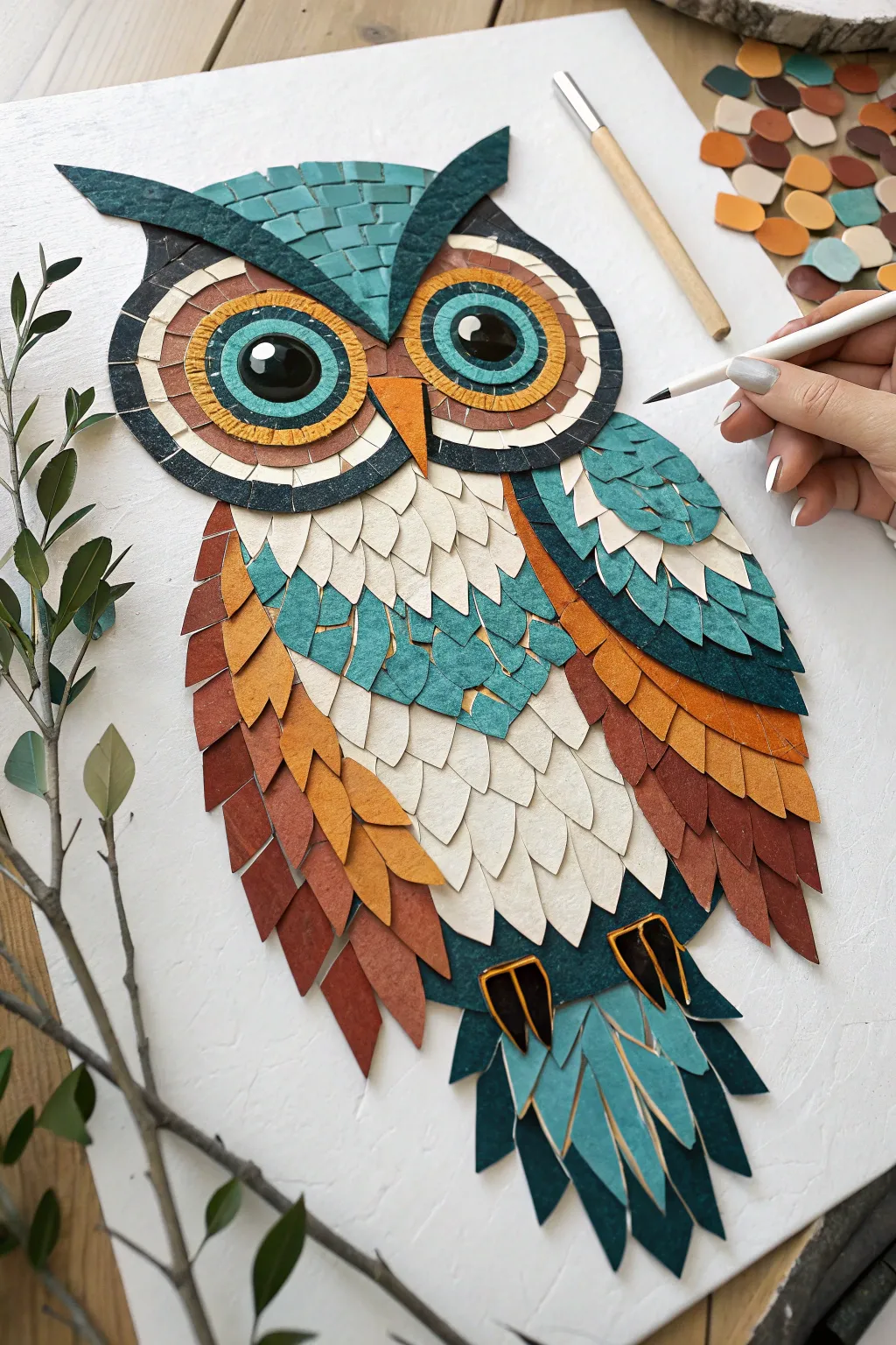 Bold paper mosaic owl collage with textured feathers and striking eyes in minimalist boho style