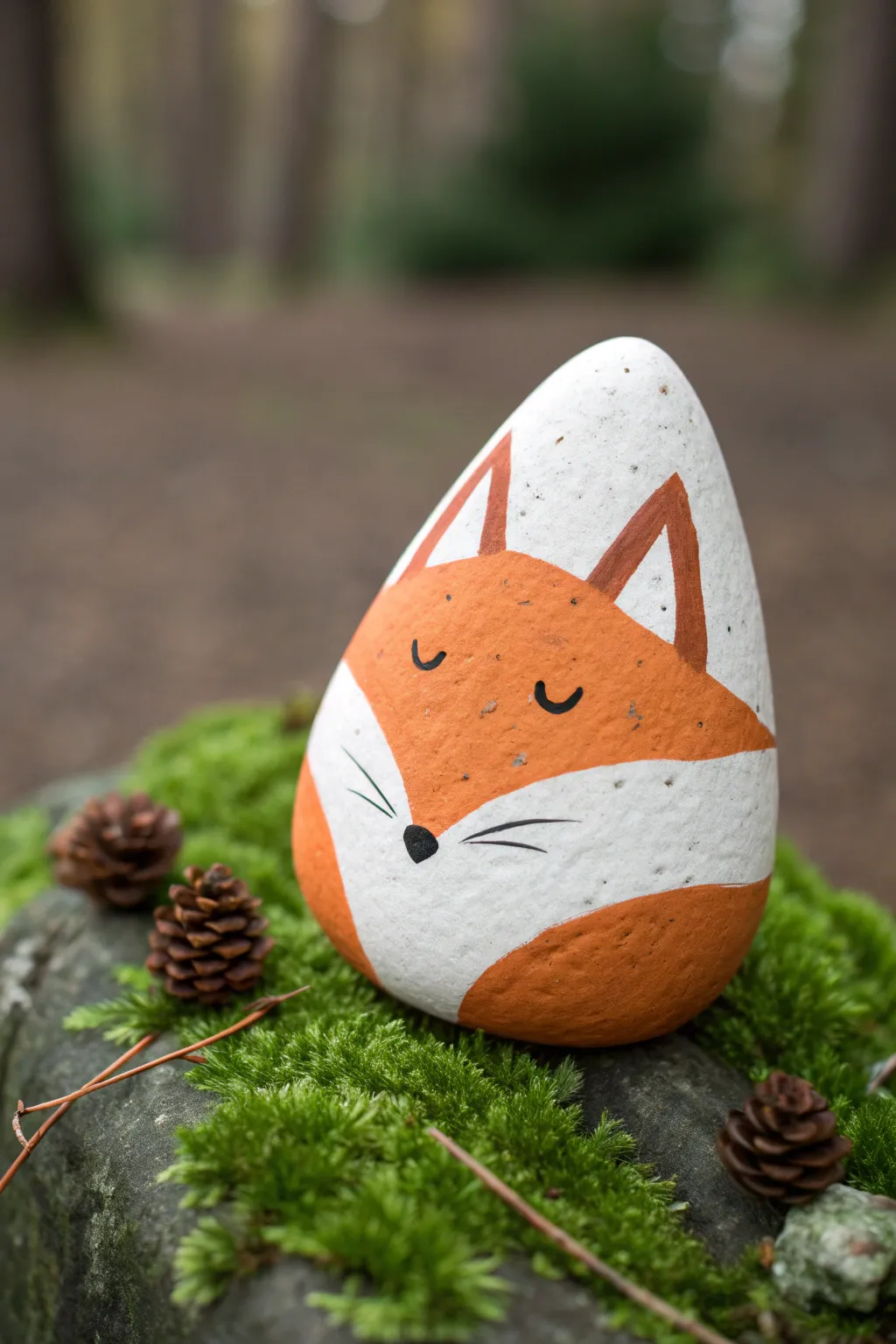 Cozy woodland fox painted rock in bold orange, nestled in moss for simple Scandinavian charm