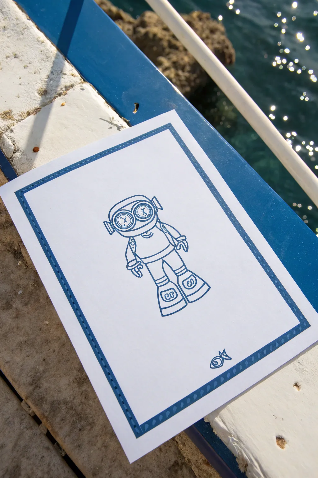 Bold undersea diver template with thick lines and ocean brights, perfect for animator palate sketches