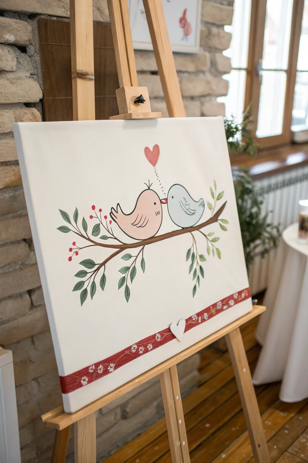 Two love birds on a branch canvas idea with a blank ribbon space for names and anniversary date