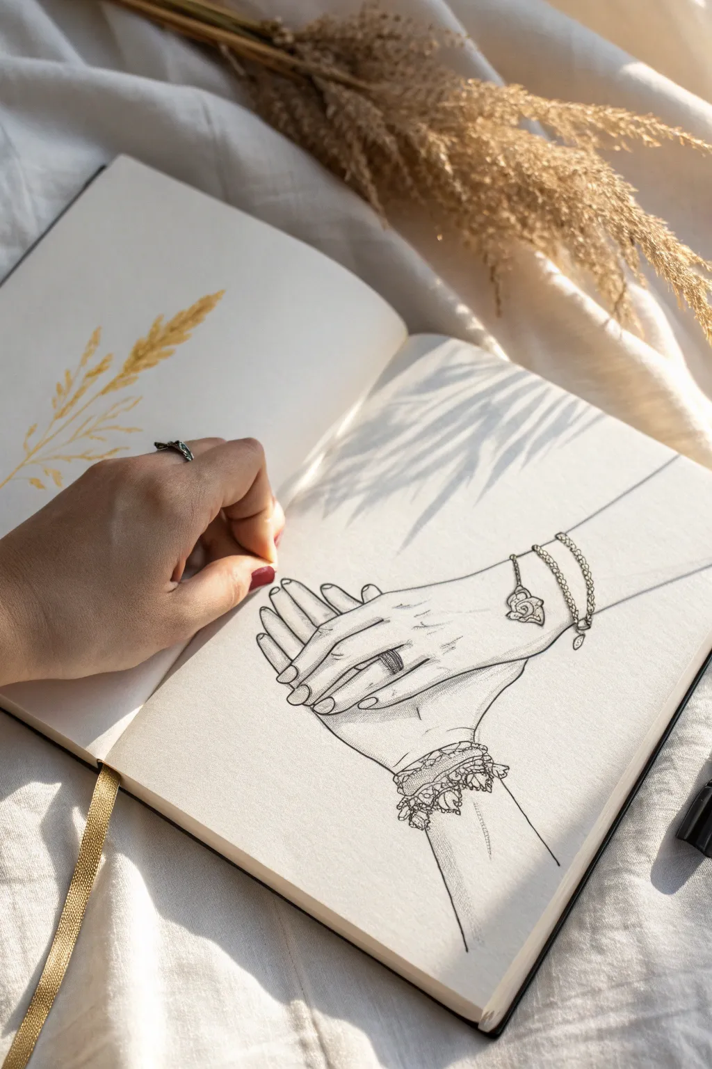 Minimalist pencil sketch of intertwined hands with delicate ring highlights, perfect anniversary keepsake.