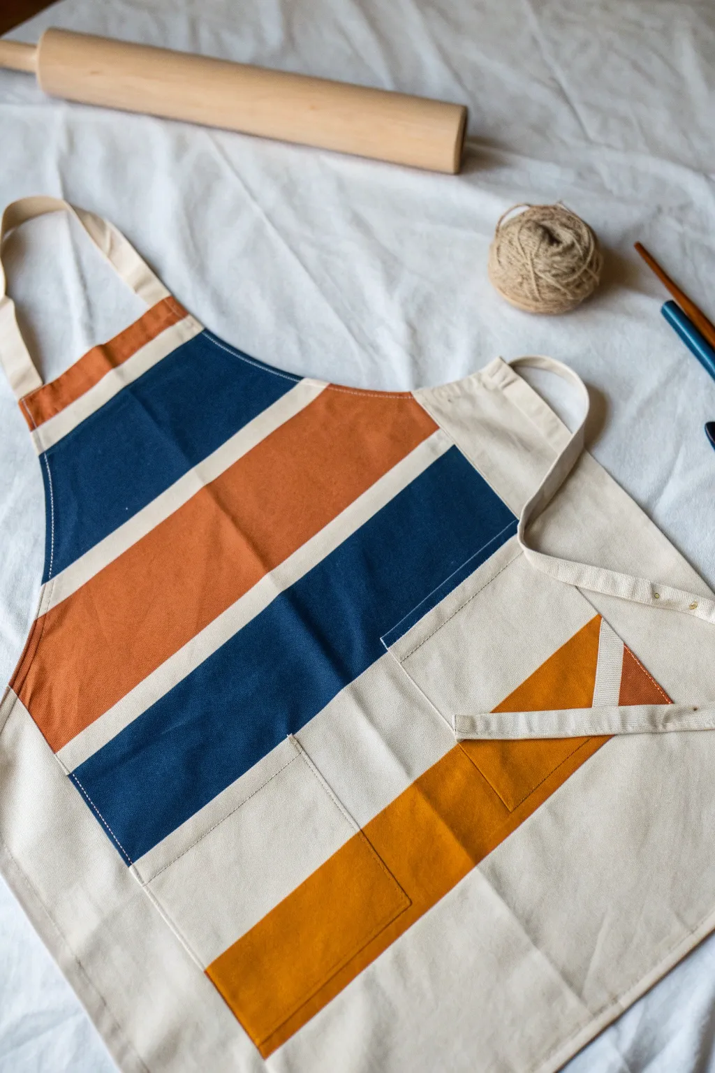 Bold diagonal color-block stripes on a minimalist apron, crisp tape edges, high-contrast hues.