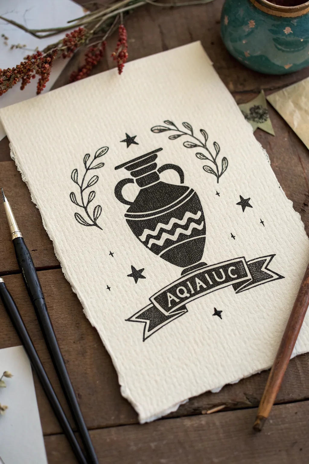 Tattoo-style Aquarius flash: bold urn, blank banner, glyph and stars in clean high contrast