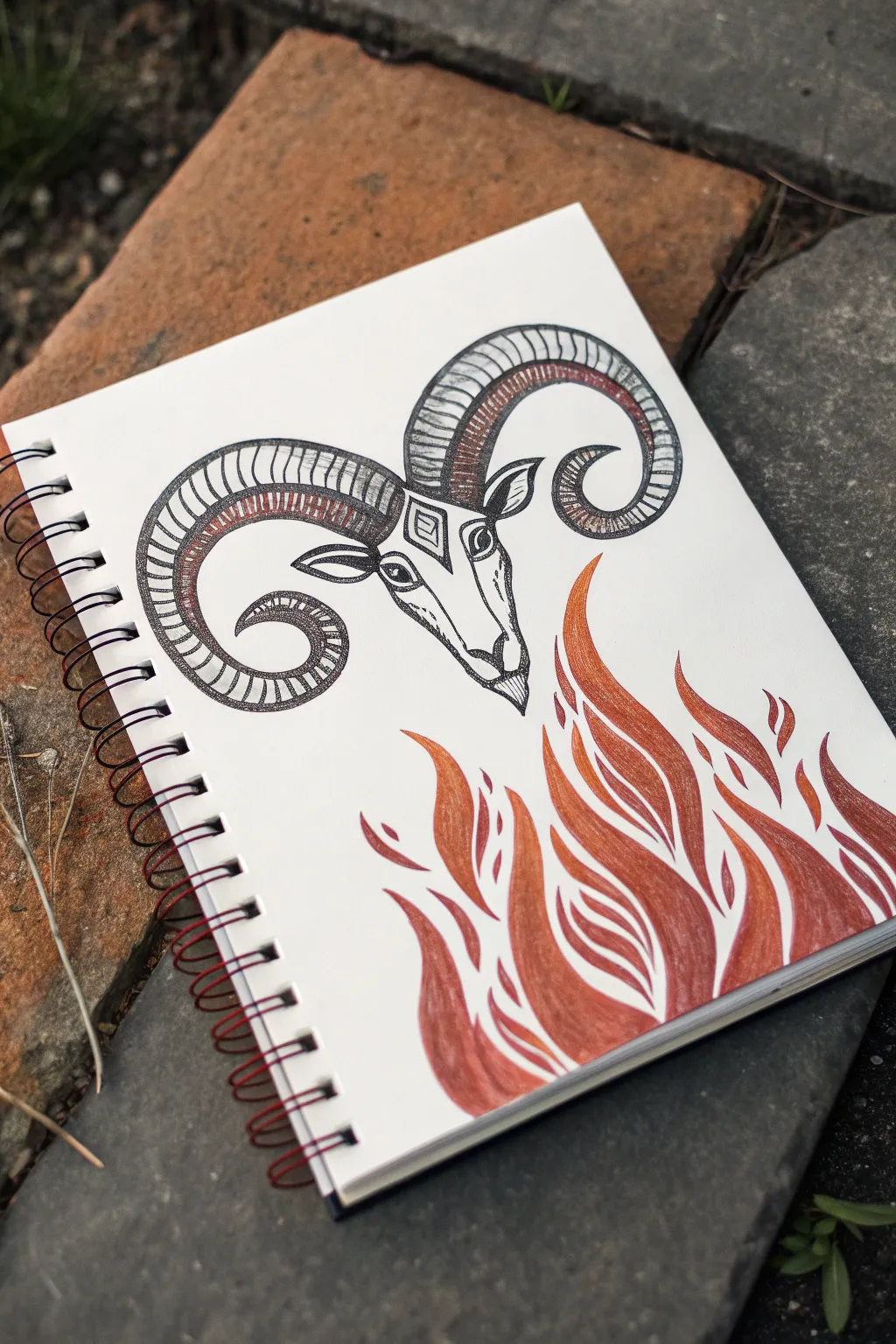 Bold Aries ram horns wrapped in flowing flames, a minimalist fire element motif to draw
