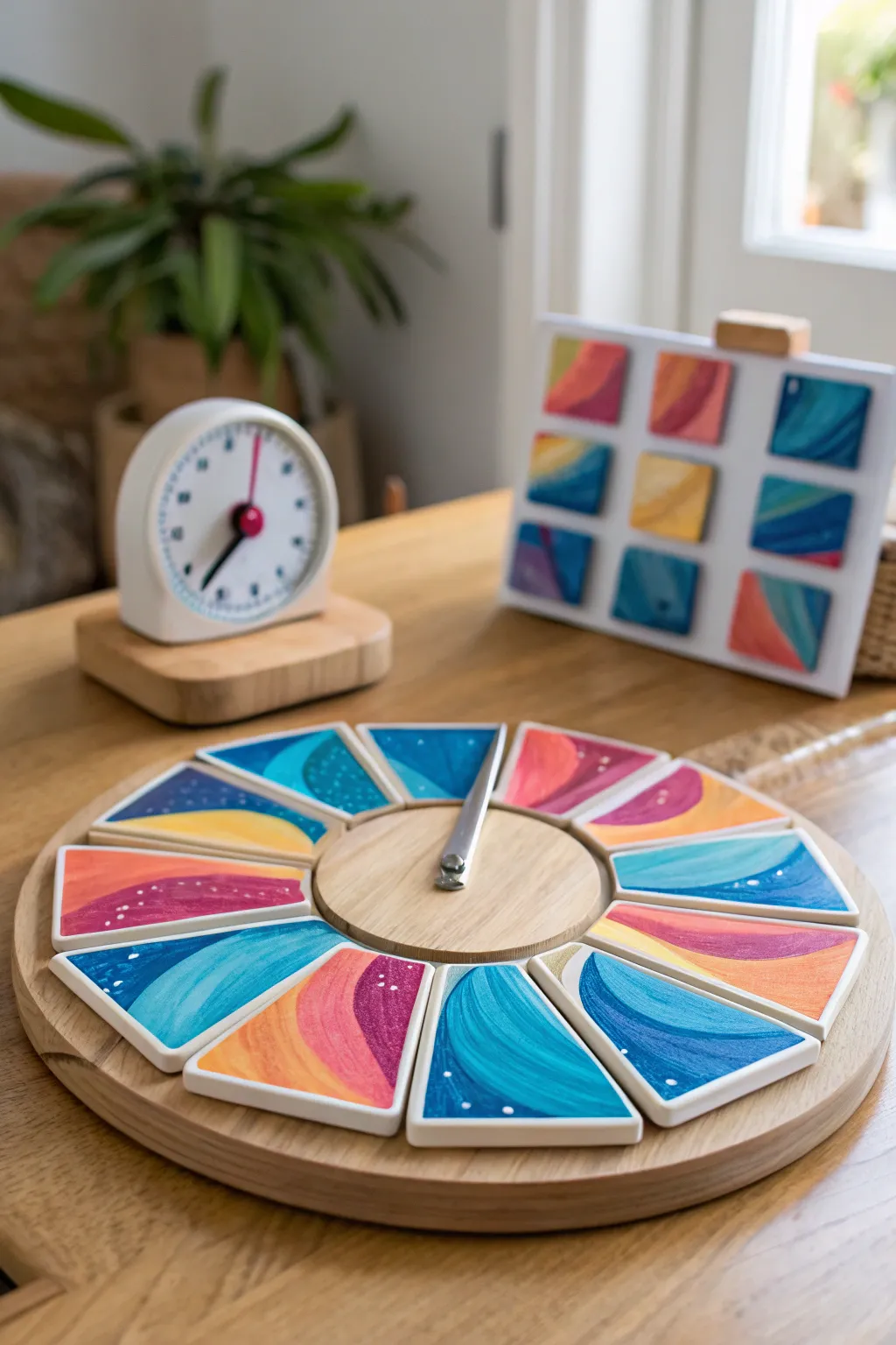 Five-minute paint swap carousel: bold layered mini canvases circling a timer for instant collab energy