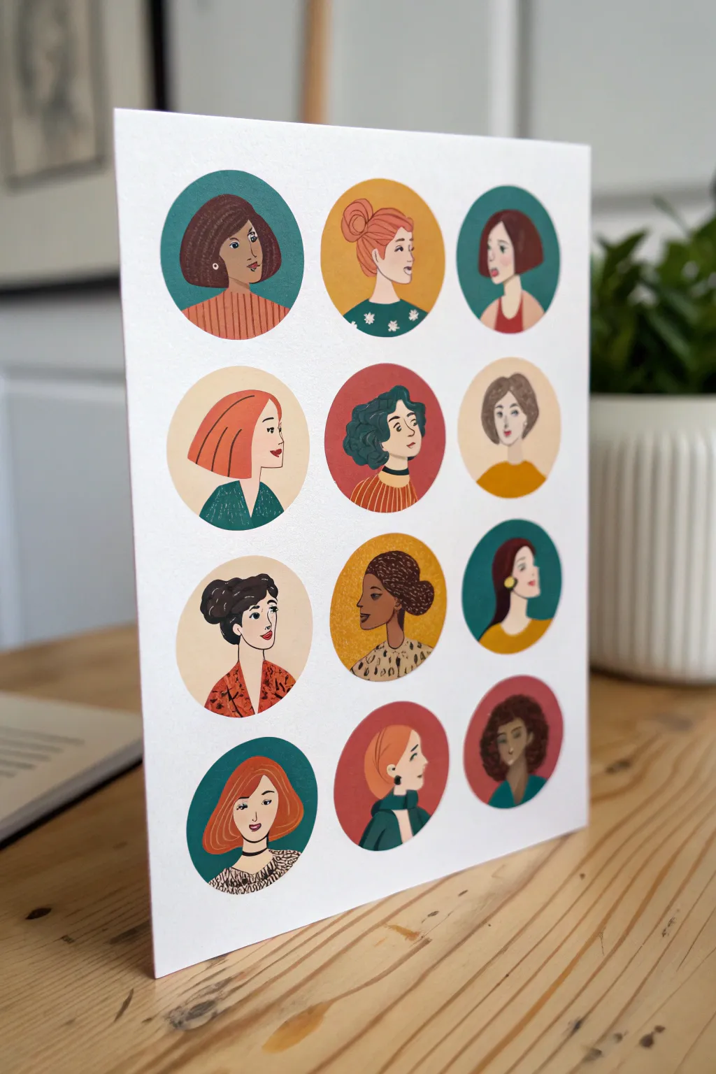 Quick commission-ready character icons: 9 bold mini portraits in a clean Scandinavian layout.