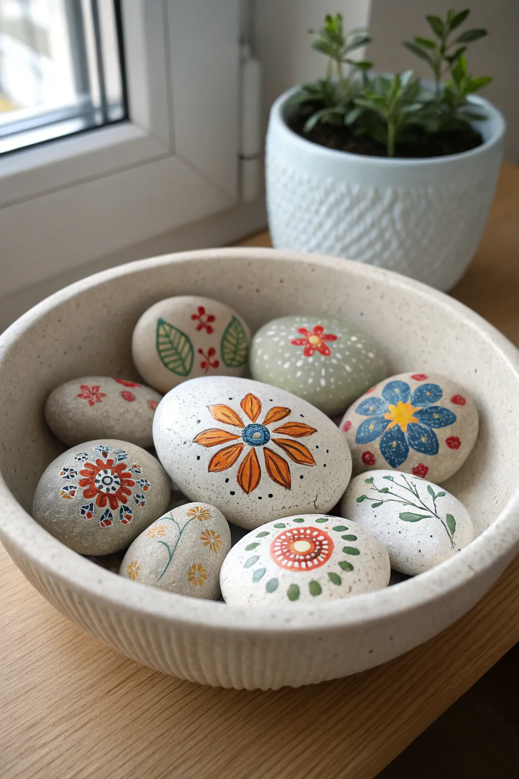 Cheerful mini motif rock painting stones in a clean Scandinavian flat lay with a soft boho touch