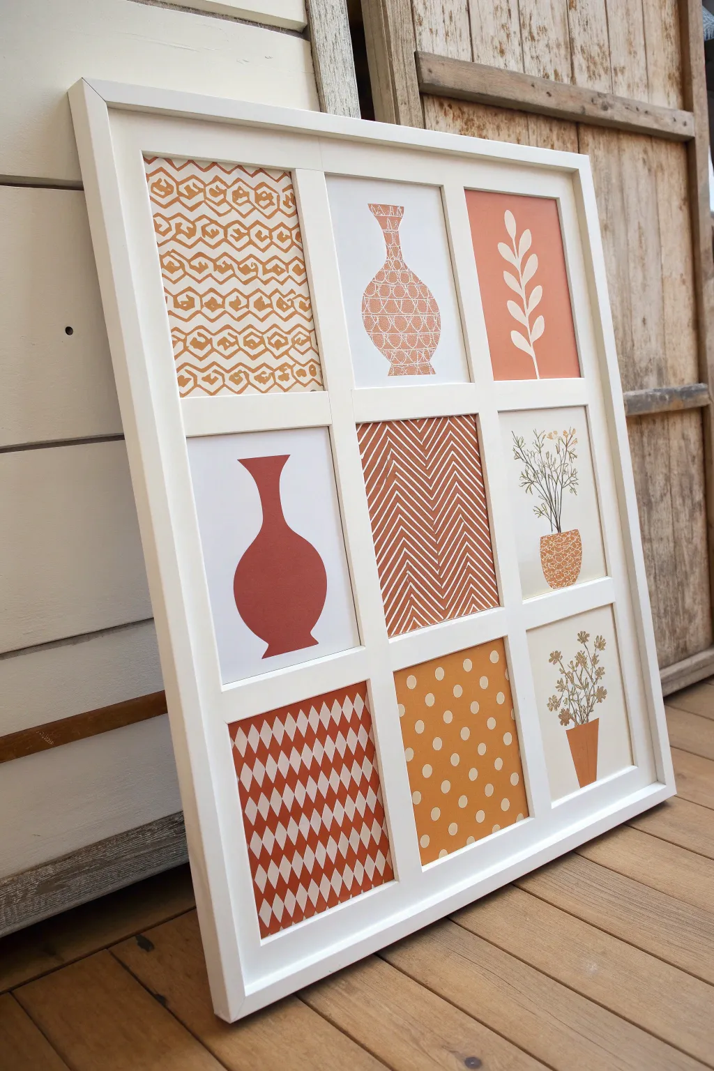 Same vase, six backgrounds: stripes, dots, florals, and geometrics for a cohesive art series idea.