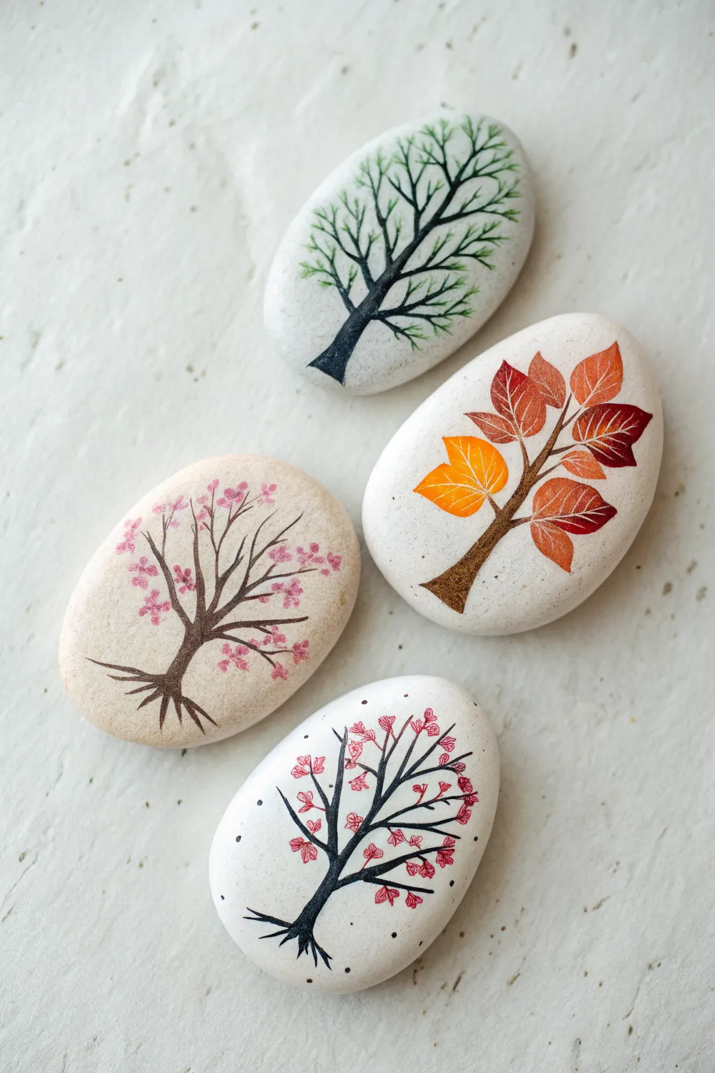 Seasonal tree stones in a clean row: spring to winter, bold colors on minimalist pebbles