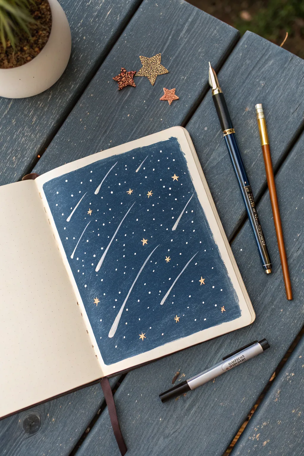 Meteor shower mini scene idea: bold diagonal shooting stars on a deep indigo wash, easy to recreate.