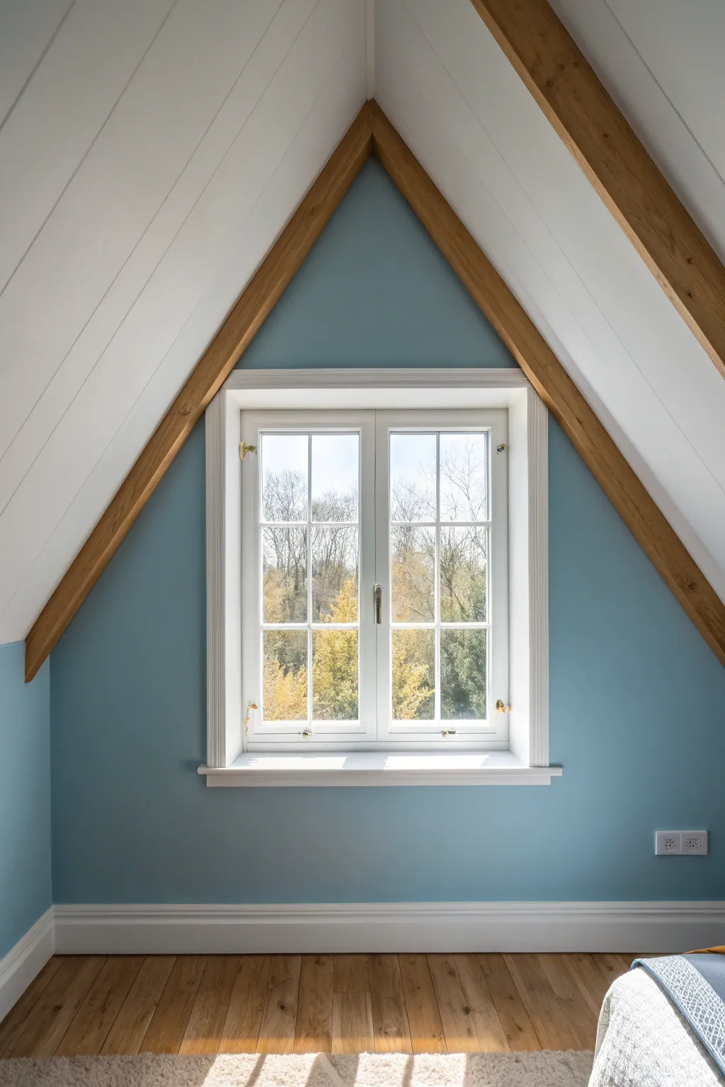 Dusty blue on sloped attic ceilings softens sharp angles and makes the space feel serene.