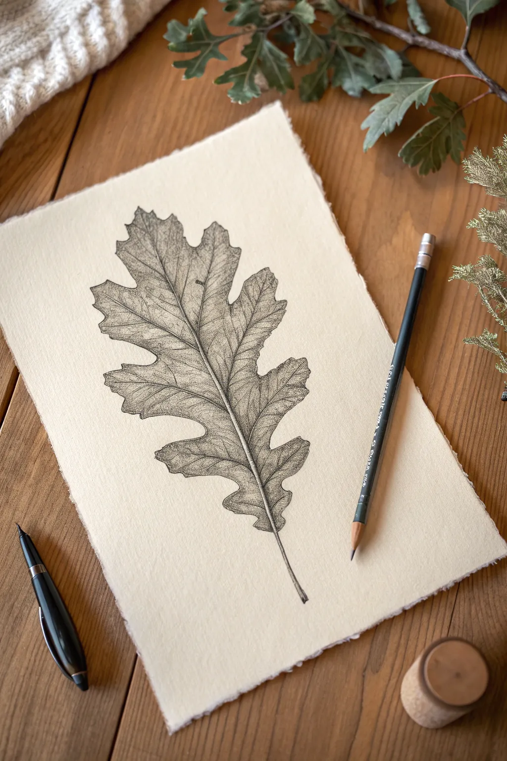 Crisp oak leaf graphite study on warm paper, bold terracotta backdrop for autumn-inspired art.
