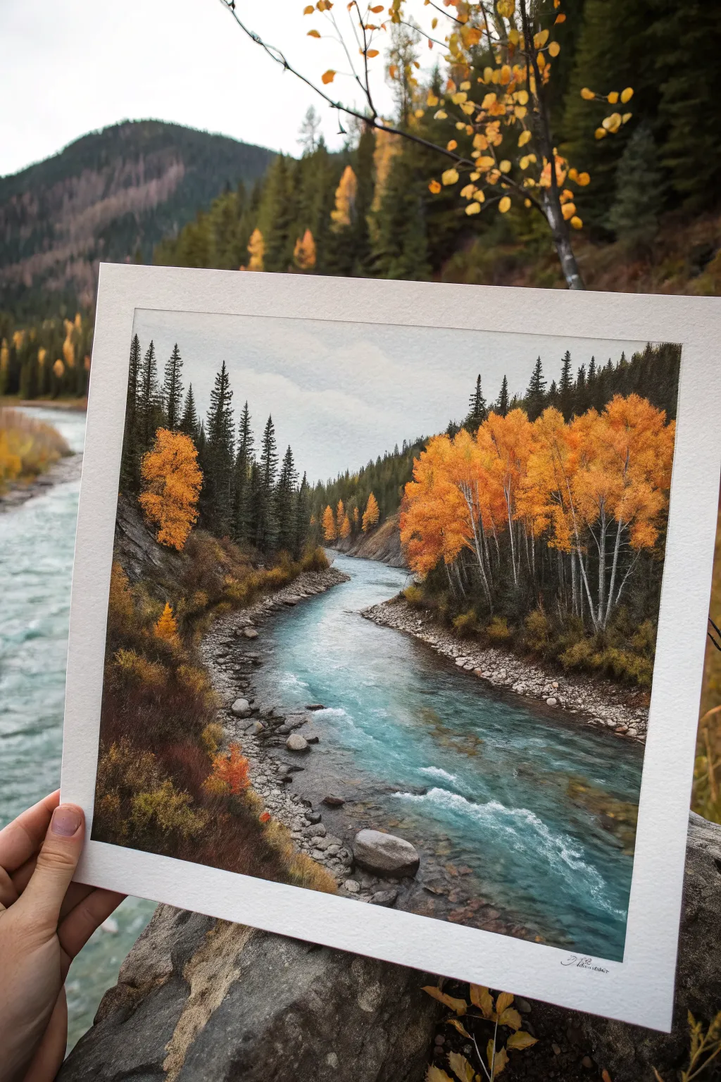 River bend autumn painting idea with bold orange banks, golden trees, and grounding dark accents