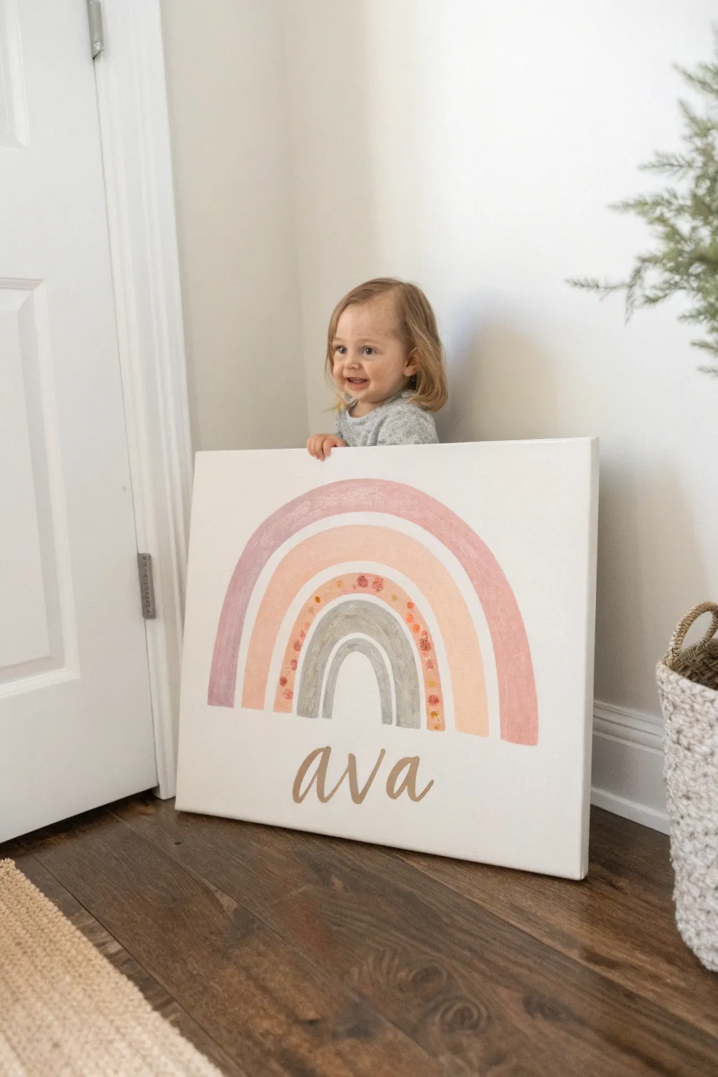 Soft pastel rainbow nursery canvas idea, finished with her name in simple cursive