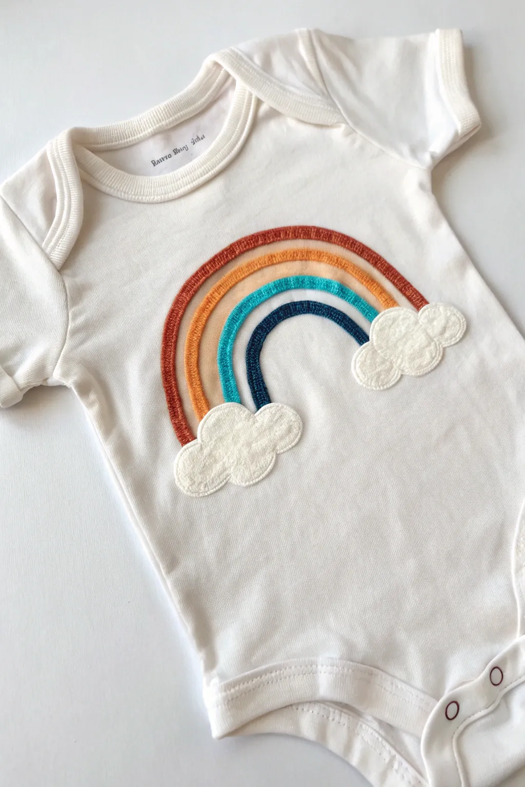 Bright rainbow arc onesie with fluffy clouds, clean color bands, minimalist boho vibe