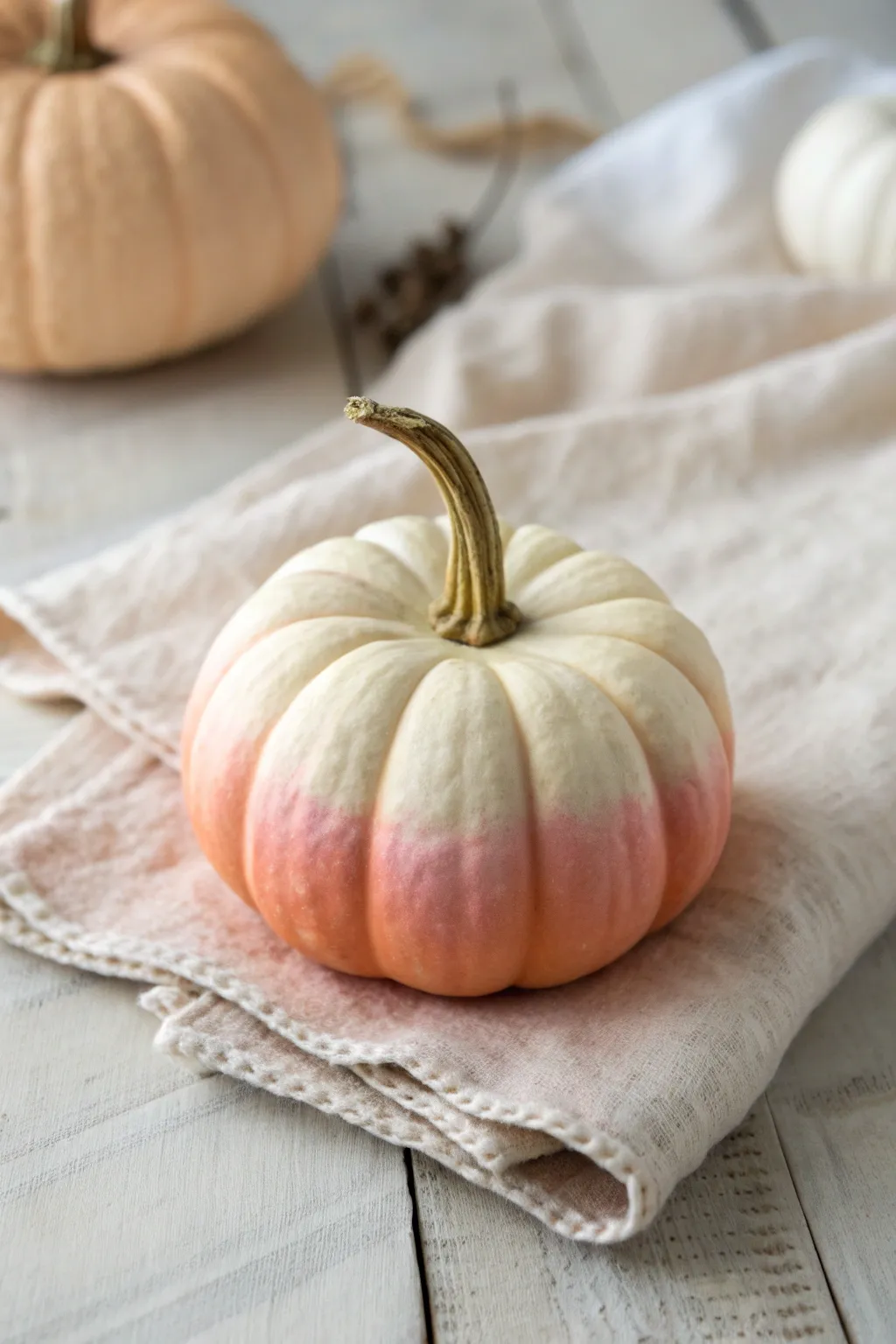 Pastel ombré baby pumpkin in peach-to-cream gradient for calm, nursery-ready fall decor.