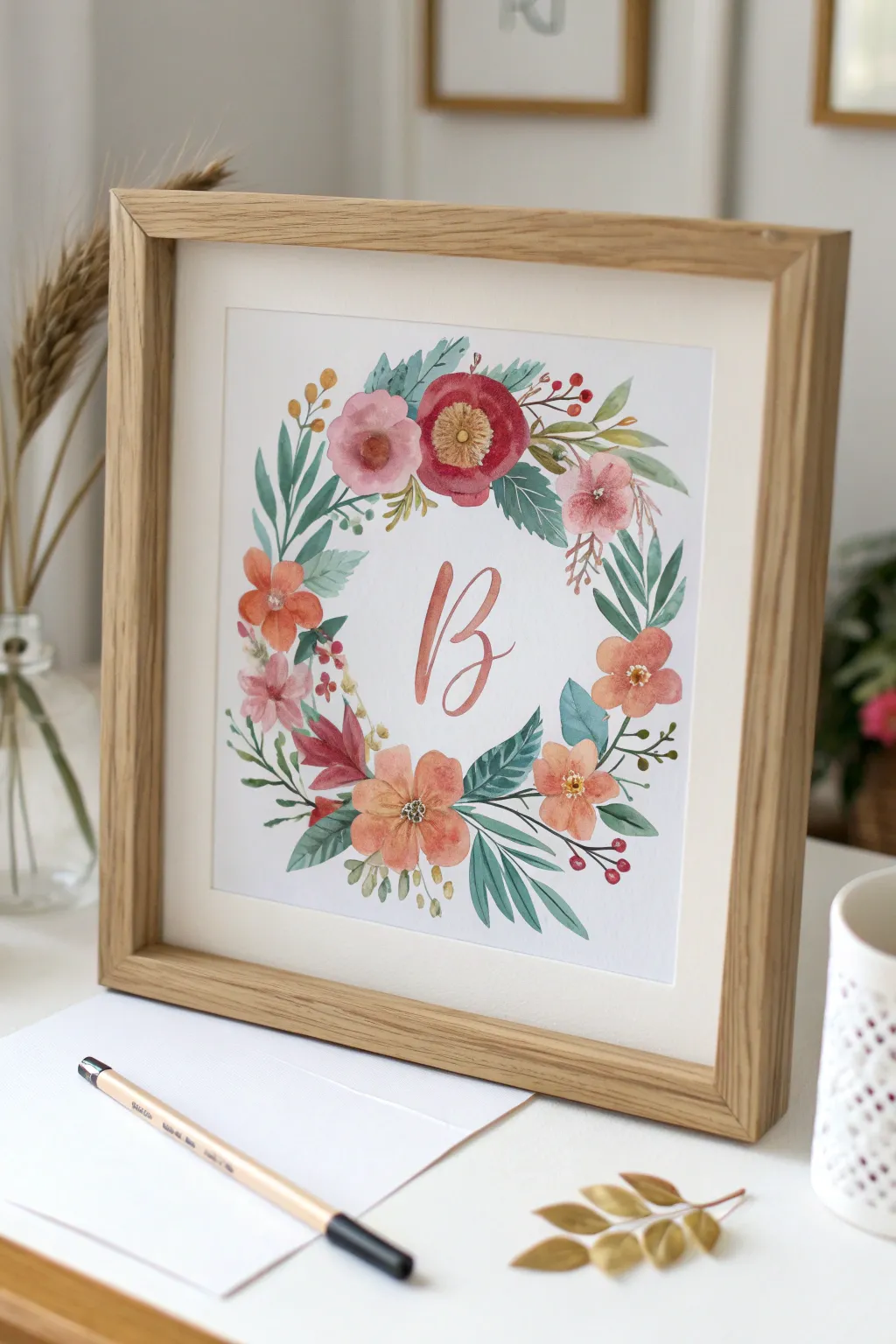 Bold floral wreath monogram watercolor, framed and ready to hang for baby shower painting inspo