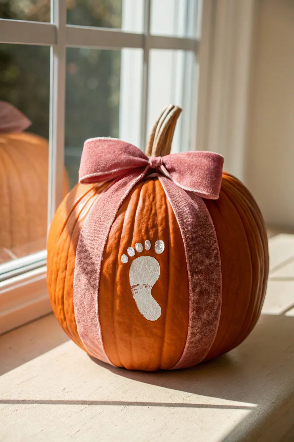 Sweet ribbon collar pumpkin with a tiny white baby footprint keepsake, minimalist fall decor.