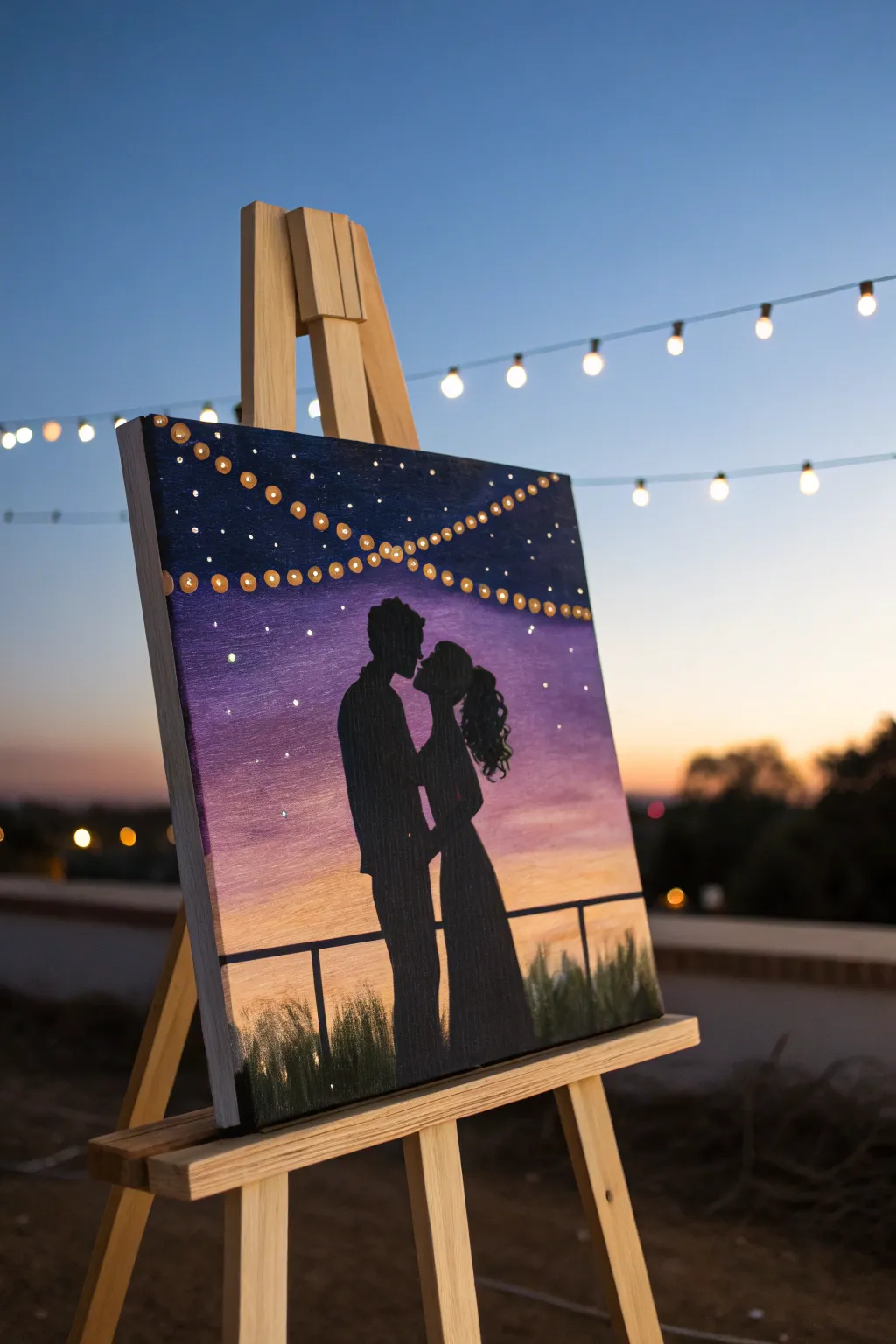 Paint a romantic night-sky silhouette with twinkling lights for the perfect bridal paint night.