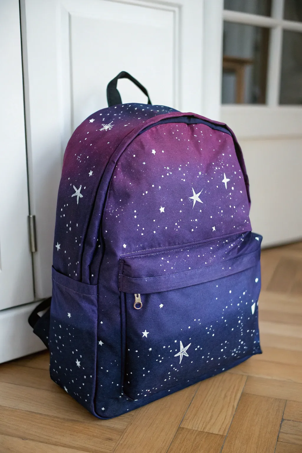 Starry galaxy gradient backpack idea: navy to purple with splatter stars and bold contrast