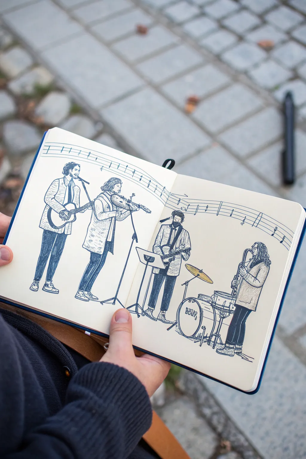 Band portrait lineup sketch idea: simple lines, bold color pops, and an easy instrument pose guide.