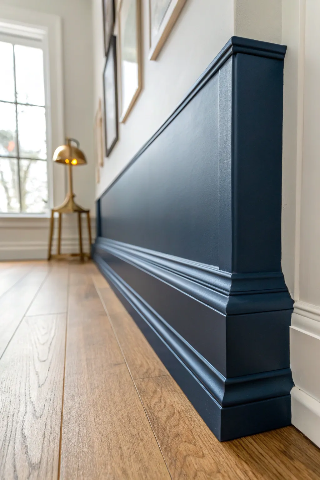 Deep navy baseboards with warm wood and brass accents create timeless contrast in a calm room.
