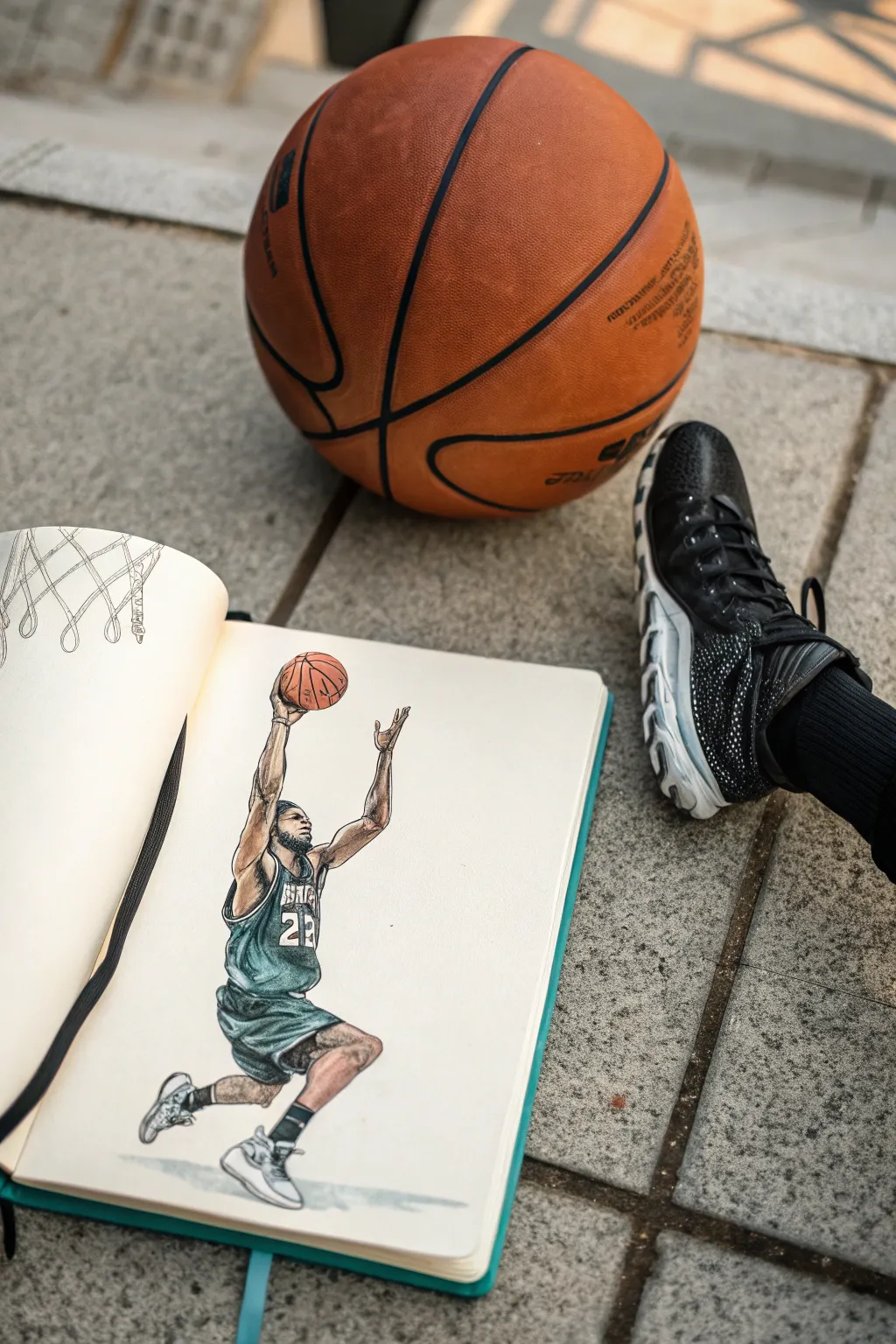 Bold foreshortened dunk sketch in a minimalist palette, perfect basketball drawing inspiration.