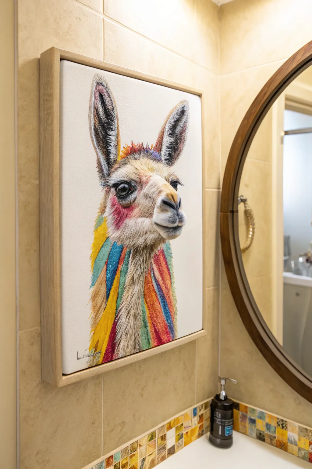 Deadpan animal canvas art adds a playful twist to a minimal powder room, without harsh glare.