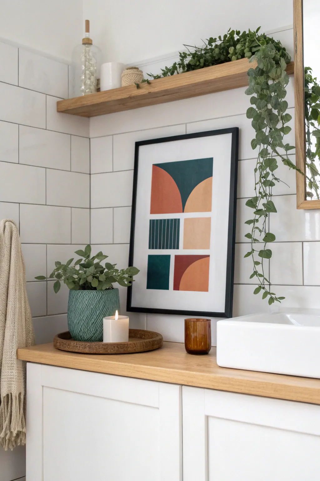 Floating shelf vanity styling: bold framed art with plant and candle for easy seasonal swaps