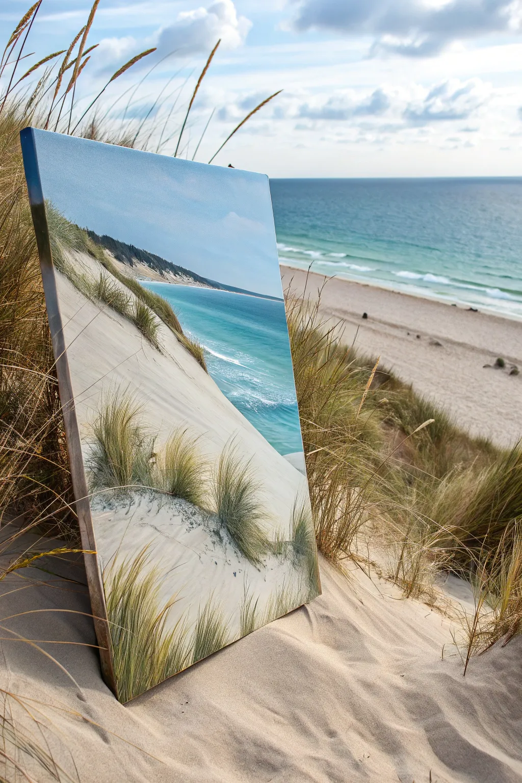 Breezy dune grass painting in bold teal and sandy ochre, minimal and calming for your beach wall.