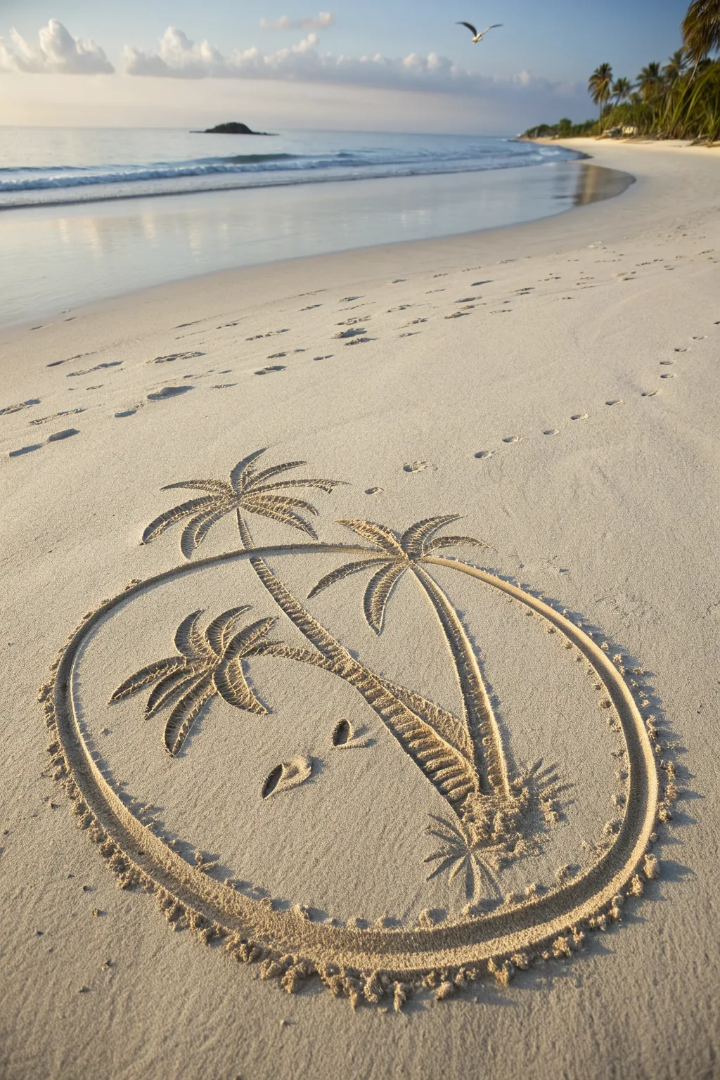 Palm tree island sand drawing with clean lines and airy birds, a simple beach sketch idea