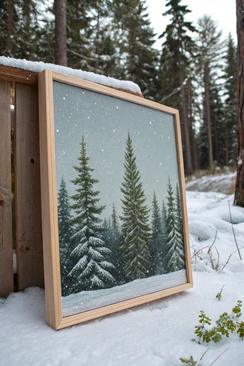 Minimal winter pine painting in crisp blues and greens, a calm snowy sky for cozy inspo.