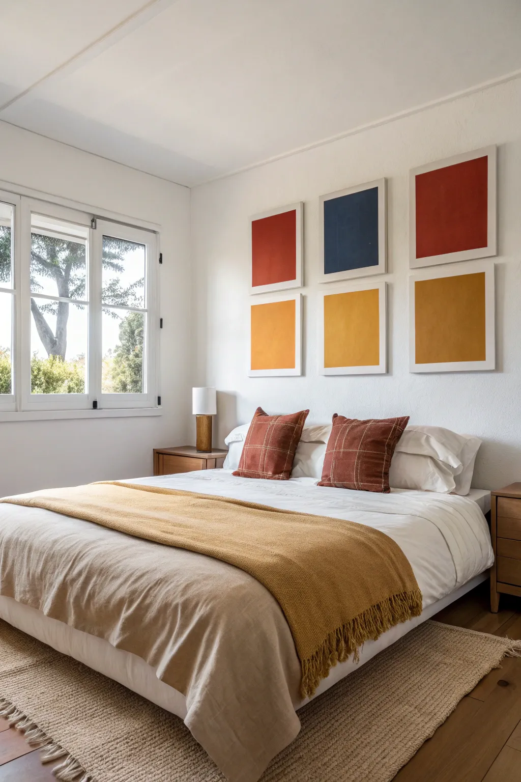 Bedding-matched color block canvases add bold contrast and calm, cozy harmony above the bed