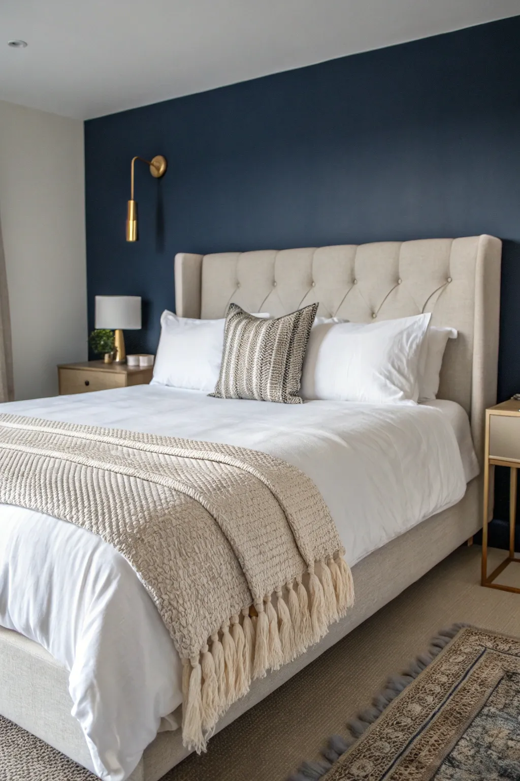 Deep navy walls, ivory linen, and brass glow for a calm night-sky bedroom retreat.