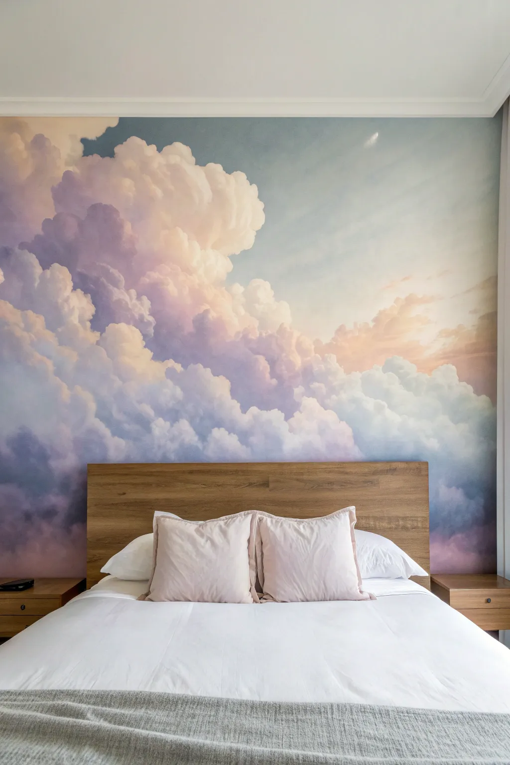 Pastel cloudscape headboard mural for a calm, taller-feeling bedroom in minimalist boho style