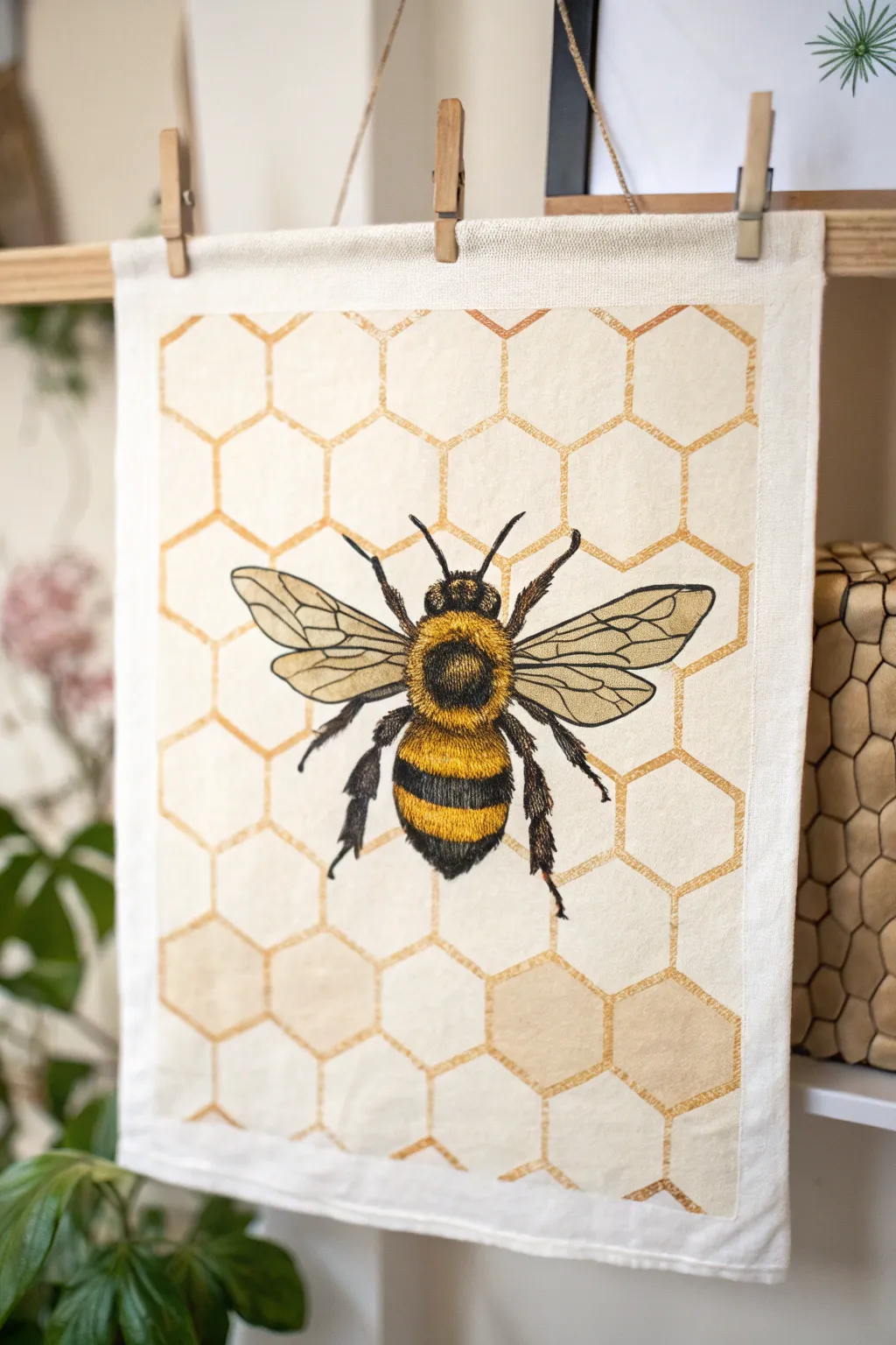 Simple bee painting idea: one bold bee over a soft honeycomb wash for a clean modern look