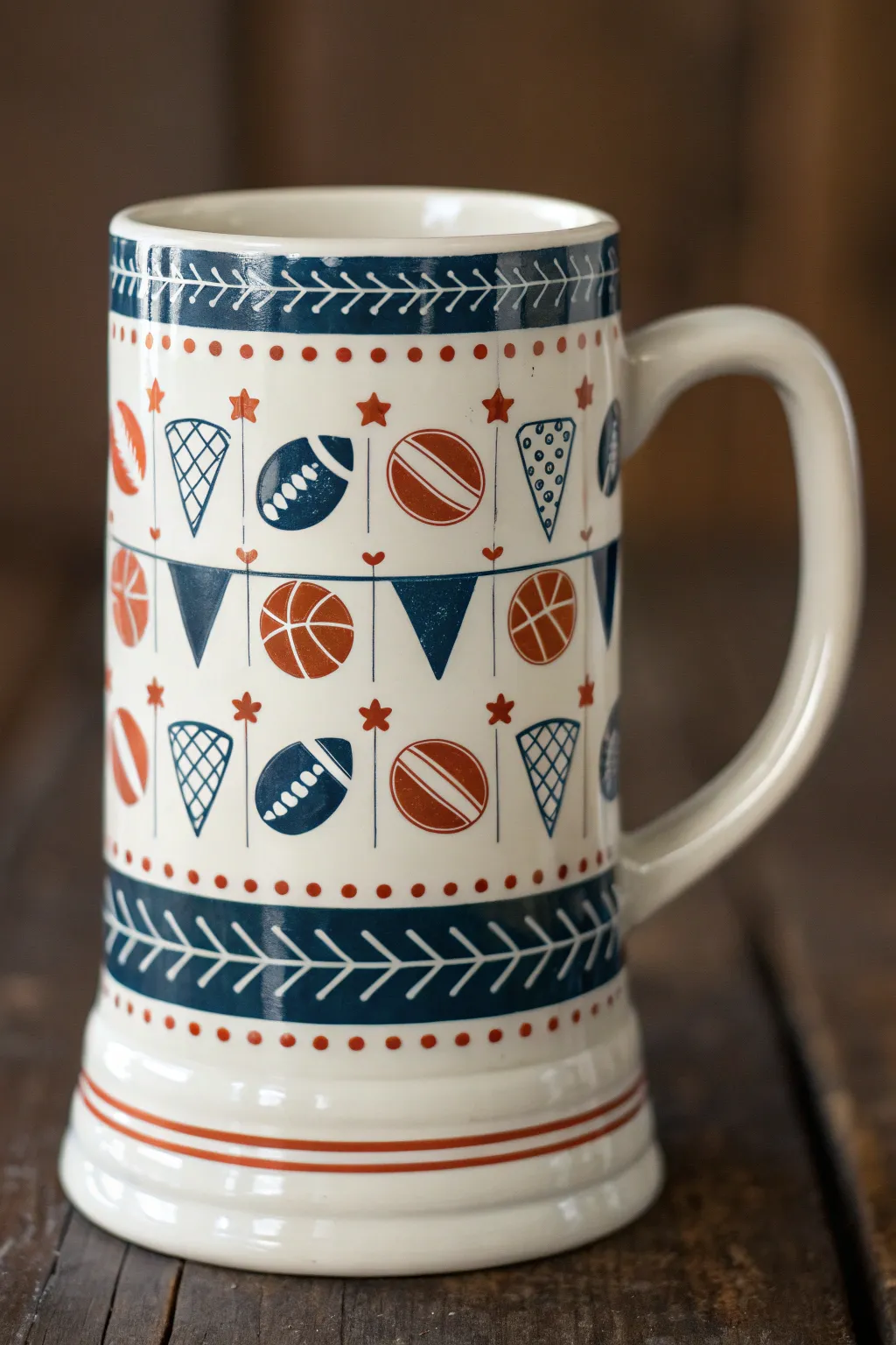 Sporty team-color icons wrap this beer mug in a bold, tidy pattern with modern Scandinavian flair.
