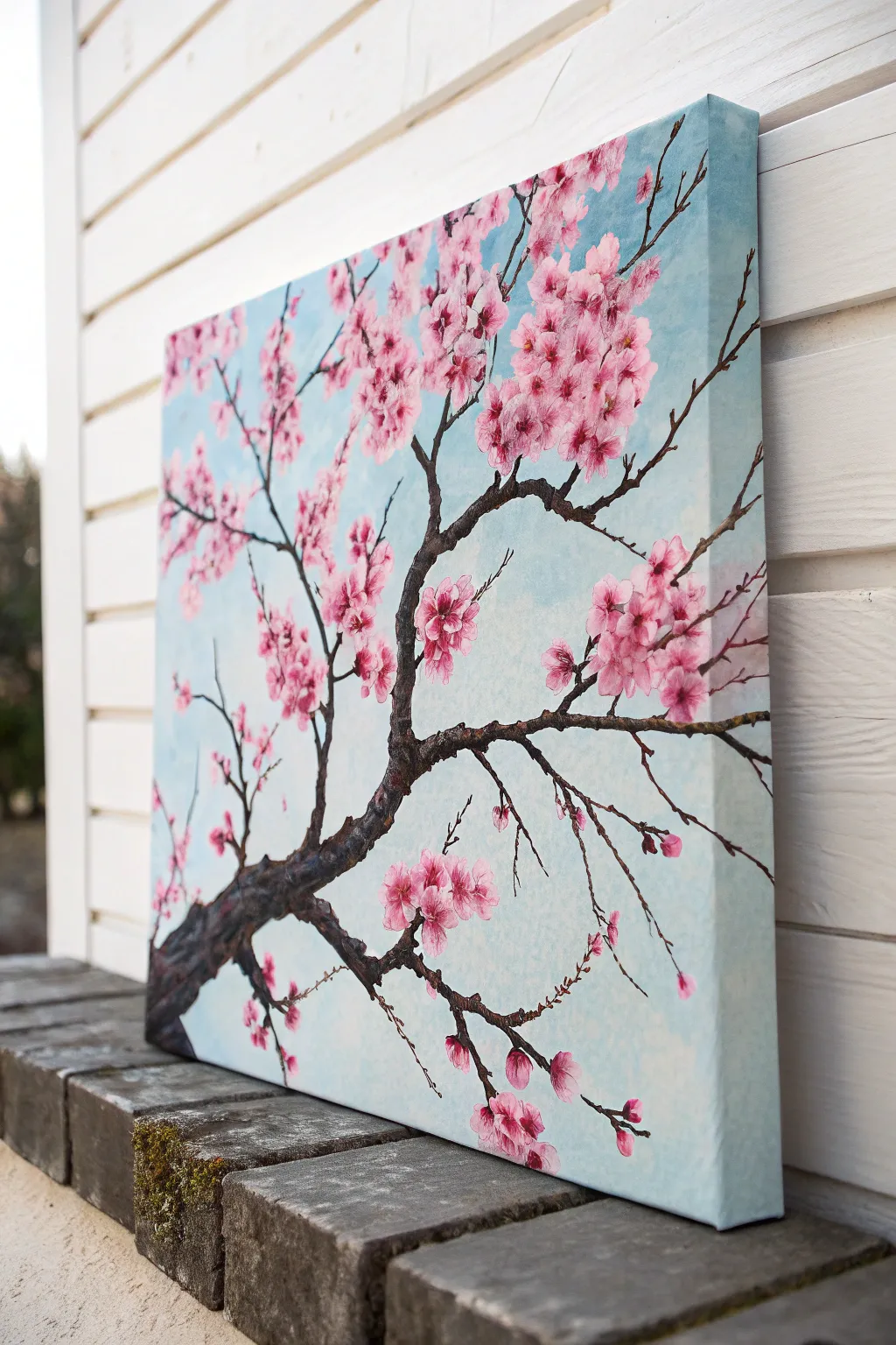 Beginner acrylic idea: cherry blossom branches with easy pink dabs over a soft sky wash